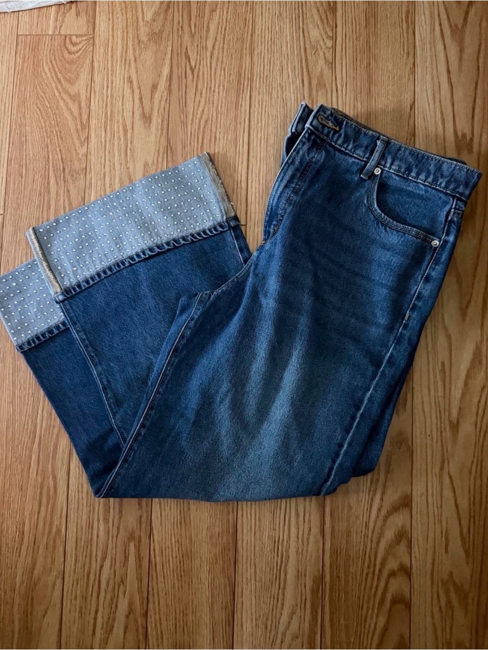 LOFT Wide Leg Cropped Denim with Jeweled Cuffs